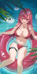  absurdres afloat bikini breasts cleavage eyewear_on_head female heterochromia highres hololive houshou_marine houshou_marine_(summer) innertube jewelry large_breasts long_hair necklace o-ring o-ring_thigh_strap official_alternate_costume open_mouth outdoors partially_submerged red_bikini red_eyes red_hair ruiuncle solo swim_ring swimsuit thigh_strap virtual_youtuber water wet yellow_eyes 