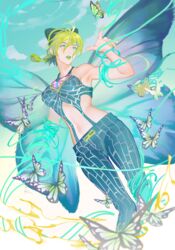  absurdres ahoge aqua_eyes aqua_ribbon bare_shoulders braid braided_ponytail breasts brooch bug butterfly butterfly_wings double_bun feet_out_of_frame female green_hair green_lips hair_between_eyes hair_bun halterneck highres insect_wings jewelry jojo_no_kimyou_na_bouken kujo_jolyne large_breasts midriff multicolored_hair navel parted_lips ribbon solo stone_ocean toned two-tone_hair wings xianyu314 