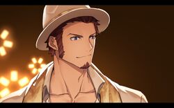  1boy 47_(479992103) alternate_costume beard blue_eyes brown_hair chest face facial_hair fate/grand_order fate_(series) highres looking_to_the_side male_focus napoleon_bonaparte_(fate/grand_order) open_clothes scarf simple_background smile solo 