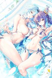  2girls arm_up armpits bangle bare_arms bare_shoulders bathtub between_breasts bikini bikini_tug bird blue_hair blush bracelet braid breasts brown_eyes bubble cone_hair_bun double_bun duck eula_(genshin_impact) genshin_impact hair_between_eyes hair_bun hair_ornament hairband halterneck highres jewelry keqing_(genshin_impact) large_breasts lips long_hair looking_at_viewer lying medium_breasts multiple_girls navel on_back on_side parted_lips punc_p purple_hair same-sex_bathing see-through shared_bathing side-tie_bikini_bottom sideboob smile stomach string_bikini summer swimsuit thighs water white_bikini 