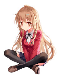  aisaka_taiga black_ribbon blush breasts brown_eyes brown_footwear brown_hair commentary female full_body indian_style jacket kh_(kh_1128) long_hair long_sleeves looking_at_viewer medium_breasts neck_ribbon oohashi_high_school_uniform pleated_skirt red_jacket ribbon school_uniform shoes simple_background sitting skirt solo symbol-only_commentary thighhighs toradora! white_background zettai_ryouiki 