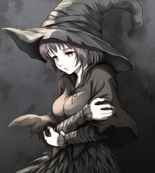  absurdres arms_under_breasts black_hair black_ribbon breasts brown_cloak brown_hat cloak commentary_request crossed_arms dark_souls_(series) dark_souls_iii female grey_background hat highres karla_(dark_souls_3) large_breasts long_sleeves looking_down ribbon shimoda_masaya short_hair sitting solo upper_body witch_hat 