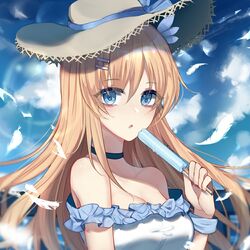  3874384829 blonde_hair blue_choker blue_eyes blue_ribbon breasts choker dress feathers female food hair_ornament hair_ribbon hairclip hat hat_ribbon holding holding_food ice_cream long_hair looking_at_viewer medium_breasts open_mouth ribbon saratoga_(warship_girls_r) solo sun_hat warship_girls_r white_dress 