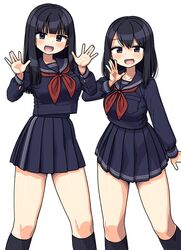  2girls :d black_hair black_serafuku black_skirt blush breasts hands_up highres kneehighs long_sleeves looking_at_viewer maruput multiple_girls neckerchief original red_neckerchief school_uniform serafuku skirt small_breasts smile socks standing white_background 