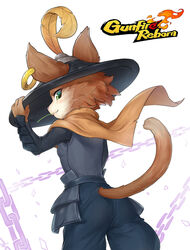  abstract_background adjusting_clothing adjusting_hat anthro armor ass big_hat billowing_cape blush bueong cape chains cheek_tuft chewing_grass clothed clothing conical_hat crown_prince_(gunfire_reborn) cute_fangs digital_media_(artwork) digital_painting_(artwork) dipstick_tail domestic_cat ear_piercing ear_ring facial_tuft feather_ornament felid feline felis fully_clothed furgonomics gold_(metal) gold_jewelry gold_ring green_eyes gunfire_reborn hat_feather hat_ornament headgear headwear hi_res jewelry light_armor logo looking_at_viewer looking_back loose_feather male mammal markings multicolored_tail piercing pink_nose portrait raised_tail rear_view ring_piercing smile solo standing tail tail_markings three-quarter_portrait tuft vambrace wind 