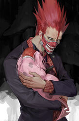  1boy animal black_background black_eyes black_jacket carrying collared_shirt demon_tail dorohedoro dress_shirt en_(dorohedoro) formal horns jacket kikurage_(dorohedoro) lapel_pin long_sleeves looking_at_viewer male_focus mask mouth_mask mushroom necktie no_eyebrows open_mouth photoshop_(medium) pinstripe_pattern pinstripe_shirt purple_necktie red_hair red_shirt shirt short_hair spiked_hair striped suit tail teeth two-tone_background upper_body white-corner white_background 