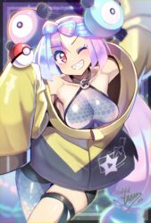  ahoge arm_up asymmetrical_legwear bare_shoulders black_jacket blue_hair blush bow-shaped_hair breasts character_hair_ornament collarbone female grey_pantyhose grey_shirt grin hair_ornament hexagon_print highres iono_(pokemon) jacket large_breasts light_blue_hair long_sleeves looking_at_viewer magnemite mismatched_legwear multicolored_clothes multicolored_hair multicolored_jacket one_eye_closed oversized_clothes pantyhose pink_eyes pink_hair poke_ball poke_ball_(basic) pokemon pokemon_sv sharp_teeth shirt signature single_leg_pantyhose sleeveless sleeveless_shirt sleeves_past_fingers sleeves_past_wrists smile solo split-color_hair teeth thigh_strap thighs twitter_username two-tone_hair two-tone_jacket very_long_sleeves wide_sleeves x yasu_suupatenin yellow_jacket 