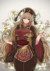  absurdres black_dress black_hat blonde_hair blush breasts bud chinese_clothes closed_mouth crescent_print dress female flower fox_print ghostship55 gold_trim gradient_background hat highres holding holding_flower junko_(touhou) large_breasts leaf light_smile lily_(flower) long_hair long_sleeves looking_at_viewer mature_female necktie phoenix_crown pom_pom_(clothes) red_eyes ribbon sash sidelocks solo standing tabard tassel thick_thighs thighs touhou very_long_hair white_flower wide_hips wide_sleeves yellow_necktie yellow_ribbon 