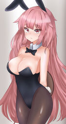  animal_ears arms_behind_back black_bow black_bowtie black_leotard black_pantyhose bow bowtie breasts cla_(finesoda) commentary_request cowboy_shot detached_collar fake_animal_ears female girls&#039;_frontline gradient_background grey_background highleg highres large_breasts leotard long_hair looking_at_viewer ntw-20_(girls&#039;_frontline) pantyhose photoshop_(medium) pink_eyes pink_hair playboy_bunny rabbit_ears rabbit_tail solo strapless strapless_leotard tail tray 