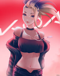  akali belt black_hair blonde_hair bodystocking breasts cleavage crop_top dog_tags ear_piercing earrings eyeshadow female fishnet_top fishnets gradient_background high_ponytail highres jacket jewelry k/da_(league_of_legends) league_of_legends lips looking_at_viewer makeup mcdobo midriff multicolored_hair navel off_shoulder open_clothes open_jacket photoshop_(medium) piercing short_hair solo the_baddest_akali two-tone_hair upper_body 