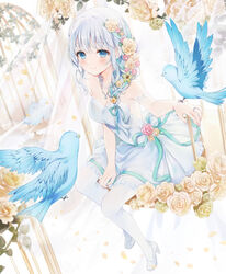  a20_(atsumaru) aitsuki_nakuru bare_shoulders bird birdcage blue_bird blue_eyes blue_hair blush braid breasts cage character_name cleavage closed_mouth dress female flower green_ribbons hair_flower hair_ornament hair_ribbon high_heels highres jewelry la_priere light_blue_hair long_hair necklace official_art ornate_ring pantyhose ribbon ring rose sitting smile solo strapless strapless_dress utaite wedding_ring white_footwear white_pantyhose yellow_flower 