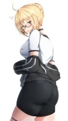  absurdres ahoge artoria_pendragon_(fate) ass bike_shorts black-framed_eyewear black_jacket black_shorts blonde_hair blush braid breasts choker commentary_request fate/grand_order fate_(series) female french_braid glasses gym_uniform hair_between_eyes highres jacket long_hair looking_back medium_breasts mysterious_heroine_x_alter_(fate) mysterious_heroine_x_alter_(second_ascension)_(fate) off_shoulder open_clothes open_jacket open_mouth shirt shorts solo surprised thighs tiri_man white_shirt yellow_eyes 