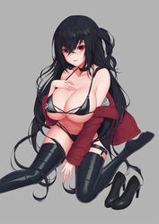  azur_lane baeg_mi bare_shoulders bikini black_bikini black_choker black_footwear black_hair black_thighhighs breasts choker cleavage closed_mouth crossed_bangs female grey_background hair_between_eyes hand_on_own_chest high_heels highres huge_breasts jacket large_breasts long_hair looking_at_viewer off_shoulder official_alternate_costume photoshop_(medium) race_queen red_eyes red_jacket shoes simple_background sitting smile solo swimsuit taihou_(azur_lane) taihou_(enraptured_companion)_(azur_lane) thighhighs unworn_shoes very_long_hair 