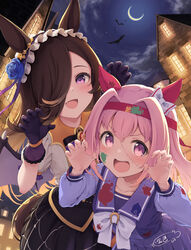  2girls animal_ears blush hair_ornament hair_over_one_eye halloween haru_urara_(umamusume) headband highres horse_ears horse_girl kin&#039;iro_dojo long_hair looking_at_viewer multiple_girls night oerba_yun_fang official_alternate_costume open_mouth ponytail rice_shower_(make_up_vampire!)_(umamusume) rice_shower_(umamusume) school_uniform tracen_school_uniform umamusume 