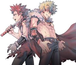  2boys 2nd_popularity_poll_(boku_no_hero_academia) abs alternate_universe back-to-back bakugou_katsuki bandana belt belt_buckle black_pants blonde_hair body_markings boku_no_hero_academia brown_belt buckle cape commentary cowboy_shot earrings elbow_pads floating_cape from_side fur-trimmed_cape fur_trim gloves grey_gloves grin hand_up head_down holding holding_sword holding_weapon jewelry katana kirishima_eijirou male_focus medieval multicolored_hair multiple_boys multiple_earrings multiple_necklaces necklace no_nipples no_shirt official_alternate_costume pants parted_lips print_bandana profile red_cape red_eyes red_hair ritsuko_(rittii) sharp_teeth sideways_mouth simple_background single_bare_arm single_glove sleeveless smile spiked_hair streaked_hair sword teeth toned toned_male tooth_earrings tooth_necklace torn_cape torn_clothes waist_cape weapon white_background 