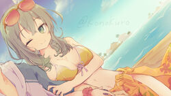  1boy aqua_eyes aqua_hair arm_hug bare_arms beach bikini blue_sky breast_hold breast_press breasts cleavage closed_mouth cloud commentary_request commission couple crossed_bangs day dutch_angle eyelashes eyewear_on_head female floral_print hair_between_eyes hair_down highres konoquro large_breasts long_hair looking_at_another navel ocean one_eye_closed orange_bikini outdoors pink_ribbon ribbon riddle_joker shikibe_mayu skeb_commission sky smile solo_focus straight sunglasses swimsuit twitter_username wavy_hair 