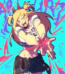  alternate_hairstyle belt blonde_hair blood blood_spray chainsaw_man crop_top cross-shaped_pupils earrings female fingernails hair_ornament hairclip highres horns jewelry long_hair looking_at_viewer midriff open_belt open_mouth pink_blood power_(chainsaw_man) red_horns sharp_fingernails sharp_teeth short_twintails solo stud_earrings symbol-shaped_pupils taku_(aywakutakuay) teeth torn_clothes twintails yellow_eyes 