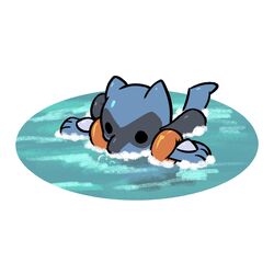  1:1 3_fingers advos ambiguous_gender anthro bubble canid canine digital_media_(artwork) duo fingers fur generation_4_pokemon hi_res inflatable mammal mostly_submerged nintendo outside pokemon pokemon_(species) riolu spread_arms spreading swimming water water_wings waterscape wet 