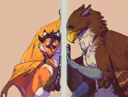  avian brown_body brown_feathers claws closed_eyes digital_media_(artwork) dragon duo feathered_wings feathers fur furred_dragon furred_scalie gryphon mythological_avian mythological_creature mythological_scalie mythology runasolaris scalie wings 