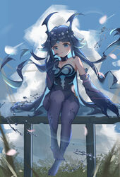  absurdres backlighting bikini black_pantyhose blue_eyes blue_hair blue_sky bonanus_(genshin_impact) breasts claws cleavage cloud cloudy_sky commentary_request facial_mark facial_tattoo female full_body genshin_impact highres horns hua_(yijing) long_hair looking_at_viewer pantyhose parted_bangs sidelocks sitting sitting_on_fence sky solo strapless strapless_bikini swimsuit tattoo 