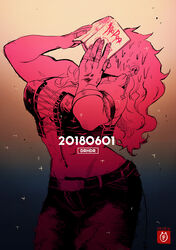  abs book breasts corset dorohedoro earrings female jewelry kaitennsiki large_breasts leather leather_pants long_hair muscular muscular_female navel noi_(dorohedoro) pants red_eyes simple_background solo white_hair 