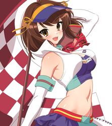  alternate_costume arm_up armband blush breasts brown_eyes brown_hair checkered_flag commentary_request elbow_gloves female flag gloves hair_ribbon hat high_collar hotaru_iori ichimi_renge large_breasts looking_at_viewer medium_hair midriff navel neck_ribbon open_mouth race_queen red_ribbon ribbon simple_background skirt solo suzumiya_haruhi suzumiya_haruhi_no_yuuutsu visor_cap white_background yellow_ribbon 