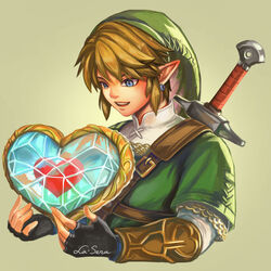  1boy :d blonde_hair blue_eyes brown_background chains commentary cropped_torso english_commentary fingerless_gloves gloves green_hat green_shirt hat heart highres jewelry la-sera link male_focus medium_hair open_mouth piece_of_heart pointy_ears shirt smile solo sword teeth the_legend_of_zelda the_legend_of_zelda:_twilight_princess tunic upper_teeth_only weapon 