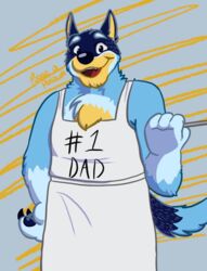  anthro apron australian_cattle_dog bandit_heeler blue_body blue_fur bluey_(series) canid canine canis cattledog clothing cooking domestic_dog english_text father_(lore) fur grilling herding_dog male mammal parent_(lore) pastoral_dog rattdawg solo spatula text tools 