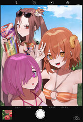  3girls bands bebe_(bebe_pp) bikini bikini_top_only black_nails blue_sky blush breasts brown_eyes brown_hair cellphone cloud commentary_request day ear_piercing eyebrows eyelashes eyewear_on_head fake_phone_screenshot fake_screenshot fate/grand_order fate_(series) fingernails forehead fujimaru_ritsuka_(female) fujimaru_ritsuka_(female)_(brilliant_summer) glaring hair_between_eyes hair_ornament hair_over_one_eye highres long_hair mash_kyrielight mash_kyrielight_(swimsuit_of_perpetual_summer_ver.02) multiple_girls nail_polish o-ring o-ring_bikini official_alternate_costume open_mouth orange_eyes orange_hair orange_nails phone piercing pink_eyes pink_hair scrunchie short_hair sky sunglasses swimsuit teeth translated tree v wristband yu_mei-ren_(fate) yu_mei-ren_(swimsuit_lancer)_(fate) 