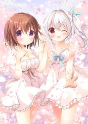  2girls ;d aono_ribbon bare_arms bare_shoulders blue_bow blue_ribbon blush bow braid breasts brown_hair cherry_blossoms cleavage closed_mouth commentary_request day dress frilled_dress frills hair_between_eyes hair_ribbon hand_up hands_up holding_hands interlocked_fingers large_breasts long_hair multiple_girls one_eye_closed open_mouth original outdoors outstretched_arm petals puffy_short_sleeves puffy_sleeves purple_eyes red_eyes ribbon short_sleeves side_ponytail sleeveless sleeveless_dress small_breasts smile standing v white_dress white_hair 