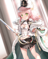  absurdres azur_lane black_skirt blunt_bangs blurry breasts cleavage coat commentary_request depth_of_field epaulettes female fur-trimmed_coat fur_trim green_eyes hat highres holding holding_sword holding_weapon long_hair looking_at_viewer military_hat pink_hair pleated_skirt pompeo_magno_(azur_lane) shinka_(user_rcem8835) short_sleeves sidelocks skirt smile solo sword weapon 