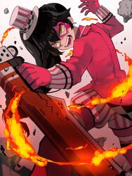  bad_id bad_twitter_id black_hair borrowed_character commentary_request evil_smile fangs female fire gloves guilty_gear heart holding holding_weapon junkyard_dog_mk_iii katsuo_(raise_ha_maguro) lighter long_hair monocle open_mouth original puffy_shorts red_gloves shorts side_ponytail smile solo striped_clothes striped_shorts thighhighs weapon yellow_eyes 