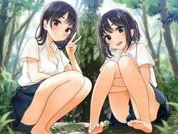  2girls barefoot black_eyes black_hair blush breasts cleavage forest kentaurosu original ponytail school_uniform skirt tree 