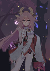  :d absurdres asahiv breasts cherry_blossoms commentary_request detached_sleeves earrings female fox_shadow_puppet fox_statue genshin_impact glowing hair_between_eyes hair_ornament highres japanese_clothes jewelry long_hair long_sleeves looking_away night night_sky nontraditional_miko pink_hair purple_eyes ribbon-trimmed_sleeves ribbon_trim sideboob sidelocks sky smile solo tree vision_(genshin_impact) wide_sleeves wind yae_miko 