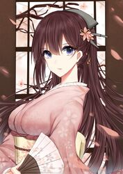  3874384829 blue_eyes breasts brown_hair female flower hair_flower hair_ornament hairband hand_fan holding holding_fan japanese_clothes kimono long_hair looking_at_viewer nagato_(warship_girls_r) open_mouth petals pink_kimono simple_background solo warship_girls_r yukata 