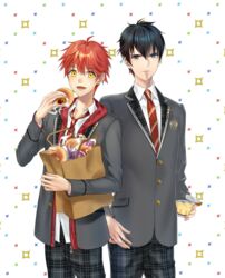  2boys :d bag black_hair blazer blue_eyes copyright_request doughnut food grey_jacket highres jacket male_focus mouth_hold multiple_boys necktie nyan5000 open_mouth pants plaid plaid_pants pudding red_hair red_necktie school_uniform shopping_bag smile standing white_background yellow_eyes 