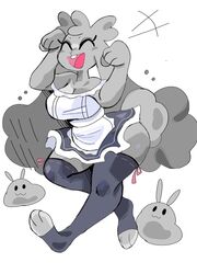  anthro big_breasts black_clothing breasts closed_eyes clothed clothing digital_media_(artwork) dust dust_bunny dust_cloud female feral fur grey_body grey_fur grey_hair grise_(puppkittyfan1) hair happy hi_res lagomorph leggings legwear leporid long_hair maid_uniform mammal nya_pose open_mouth paws pink_clothing puppkittyfan1 rabbit shaded simple_background slightly_chubby smile solo_focus teeth tongue uniform white_background white_clothing 