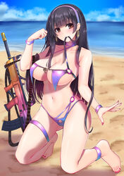  assault_rifle bare_shoulders barefoot bikini black_hair blush breasts brown_eyes bullpup cleavage closed_mouth collarbone commentary_request earrings english_commentary female girls&#039;_frontline gun hair_between_eyes hairband highres hoop_earrings jewelry kneeling large_breasts legs long_hair looking_at_viewer mixed-language_commentary nail_polish navel ocean outdoors pink_nails popoman purple_bikini purple_hairband purple_nails qbz-95 rifle sand simple_background smile solo swimsuit toenail_polish toenails toes type_95_(girls&#039;_frontline) water weapon 