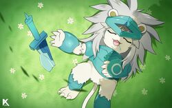  ambiguous_gender anthro armor bandai_namco bodily_fluids chibi detailed_background digimon digimon_(species) drooling felid fur grass hair kasuga_dn lion lying mammal mane mane_hair melee_weapon on_back pantherine plant saliva sleeping solo spadamon sword weapon white_body white_fur 