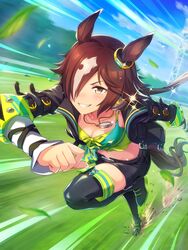  :d animal_ears belt black_footwear black_jacket black_shorts blue_sky boots breasts brown_hair check_source cleavage cloud cloudy_sky crop_top female full_body game_cg grass grin hair_over_one_eye highres horse_ears horse_girl horse_tail jacket leaf long_hair long_sleeves midriff official_art outdoors ponytail running shirt shorts sky smile source_request stopwatch stopwatch_around_neck sweat tail thigh_boots umamusume v-shaped_eyebrows vodka_(umamusume) yellow_eyes yellow_shirt 