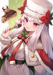  alternate_costume belt bow cake capelet christmas dress female fire_emblem fire_emblem:_three_houses fire_emblem_heroes flower food food_on_face fork fur-trimmed_capelet fur-trimmed_dress fur_trim hat highres licking_lips long_sleeves lysithea_von_ordelia lysithea_von_ordelia_(winter) nakabayashi_zun official_alternate_costume pink_eyes red_capelet simple_background sleeveless smile solo tongue tongue_out white_dress white_hair 