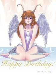  akura_(arc_the_lad) arc_the_lad arc_the_lad_ii barefoot blush breasts cleavage closed_mouth dated feathered_wings feathers female full_body happy_birthday highres horns large_breasts leotard long_hair looking_at_viewer red_hair sannosuke smile solo wings 