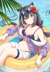  animal_ear_fluff animal_ears bikini black_hair blurry breasts cat_ears cat_girl cleavage depth_of_field eyewear_on_head fei_(songyijie) female flower green_eyes hair_between_eyes hair_flower hair_ornament head_tilt highleg highleg_bikini highres innertube karyl_(princess_connect!) karyl_(summer)_(princess_connect!) long_hair looking_at_viewer low_twintails multicolored_hair navel open_pants pants parted_lips princess_connect! reclining short_shorts shorts sidelocks small_breasts solo streaked_hair sunglasses swim_ring swimsuit thigh_strap twintails very_long_hair water weibo_watermark 