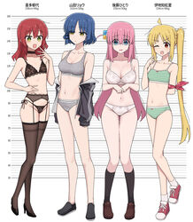  4girls absurdres ahoge arm_behind_back armpit_crease black_bra black_footwear black_panties black_thighhighs blonde_hair blue_eyes blue_hair bocchi_the_rock! bra breasts brown_footwear channel_(_caststation) choker cleavage collarbone commentary_request cube_hair_ornament flat_chest full_body garter_belt gloom_(expression) gotoh_hitori green_bra green_eyes green_panties grey_panties grey_sports_bra hair_between_eyes hair_ornament hand_on_own_hip height height_chart high_heels highres ijichi_nijika kita_ikuyo knees_together_feet_apart lace lace_bra lace_choker large_breasts lineup lingerie loafers long_hair medium_breasts medium_hair mole mole_under_eye multiple_girls navel one_eye_closed panties pigeon-toed pink_hair red_eyes red_footwear red_hair shaded_face shoes short_hair side-tie_panties side_ponytail small_breasts sneakers socks sparkling_eyes sports_bra standing stomach string_panties striped_bra striped_clothes striped_panties sweatdrop thigh_gap thighhighs thighs underwear very_long_hair weight yamada_ryo yellow_eyes 