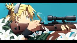  aiming black_wristband blonde_hair blue_sky bolt_action brown_eyes casing_ejection commentary earrings female flower folded_ponytail fullmetal_alchemist green_jacket gun headset holding holding_gun holding_weapon jacket jewelry kurohane letterboxed looking_away official_style outdoors profile rifle riza_hawkeye scope shell_casing short_hair sky sleeves_rolled_up solo stud_earrings upper_body weapon white_flower wristband 