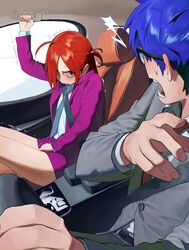  1boy ahoge blue_eyes blue_hair car_interior chaucer_(some1else45) commentary covering_crotch covering_privates english_commentary female formal glasses hand_on_own_crotch have_to_pee highres hipa_(some1else45) long_hair necktie original red_hair skirt some1else45 suit trembling 