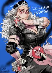  breasts clipboard dorohedoro dress earrings female hat jewelry kaitennsiki kikurage_(dorohedoro) large_breasts long_hair looking_at_viewer muscular muscular_female noi_(dorohedoro) nurse nurse_cap red_eyes short_dress simple_background stethoscope syringe thighhighs white_hair 