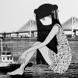  awaya_yawako bad_id bad_twitter_id closed_mouth commentary_request dot_mouth dot_nose double_bun dress female from_side greyscale hair_bun knees_up long_hair looking_at_viewer monochrome original photo_background print_dress ship solo suspension_bridge watercraft 