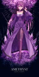  arm_up black_background black_ribbon breasts character_name cleavage dress english_text fate/grand_order fate_(series) feather_trim female fur-trimmed_dress fur_trim gem hair_between_eyes headpiece high_heels highres holding holding_wand looking_at_viewer medium_breasts pantyhose purple_dress purple_gemstone purple_hair red_eyes ribbon scathach_(fate) scathach_skadi_(fate) solo thkani tiara wand wide_sleeves 