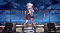  :d asymmetrical_skirt cityscape copyright_notice female full_body hair_ornament hair_rings holding holding_microphone jacket long_sleeves medium_hair microphone midriff miniskirt navel night open_clothes open_jacket outdoors red_eyes sakumichi shiratama_utano shoes skirt smile solo speaker thigh_strap univirtual virtual_youtuber white_hair 